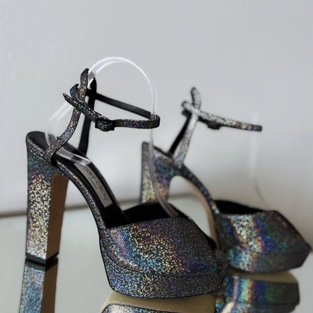 New JIMMY CHOO Sacaria Glitter Platform Sandal $925 40